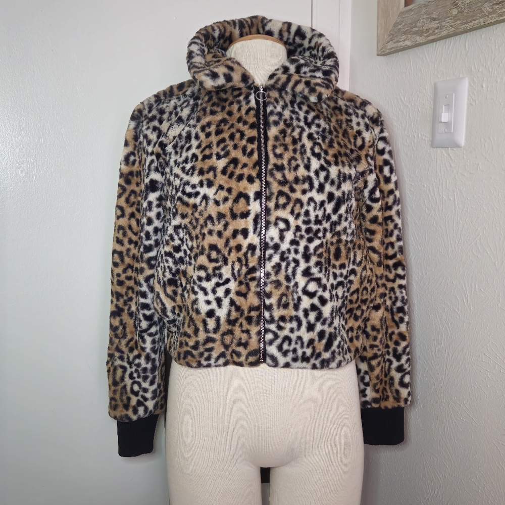 NINE WEST Leopard Warm Blazer Bomber Jacket Women Brown Black S EUC